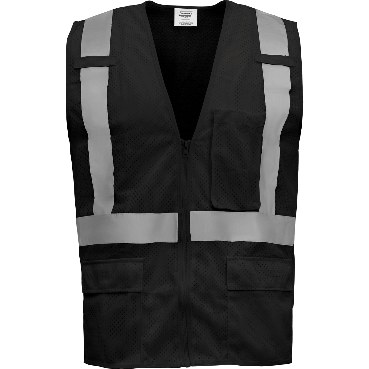 Economy Polyester Zipper Black Safety Vest with 5 Pockets | Ironwear