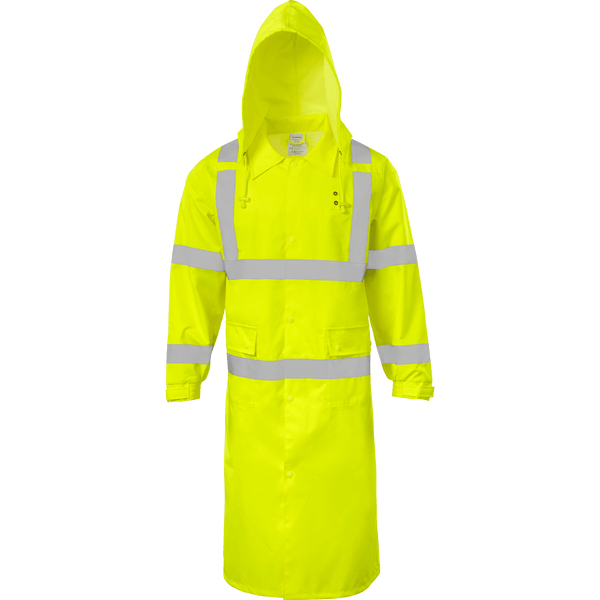 49” Poly/PU Hi Vis Lime Raincoat Front & Tuckaway Hood | Ironwear