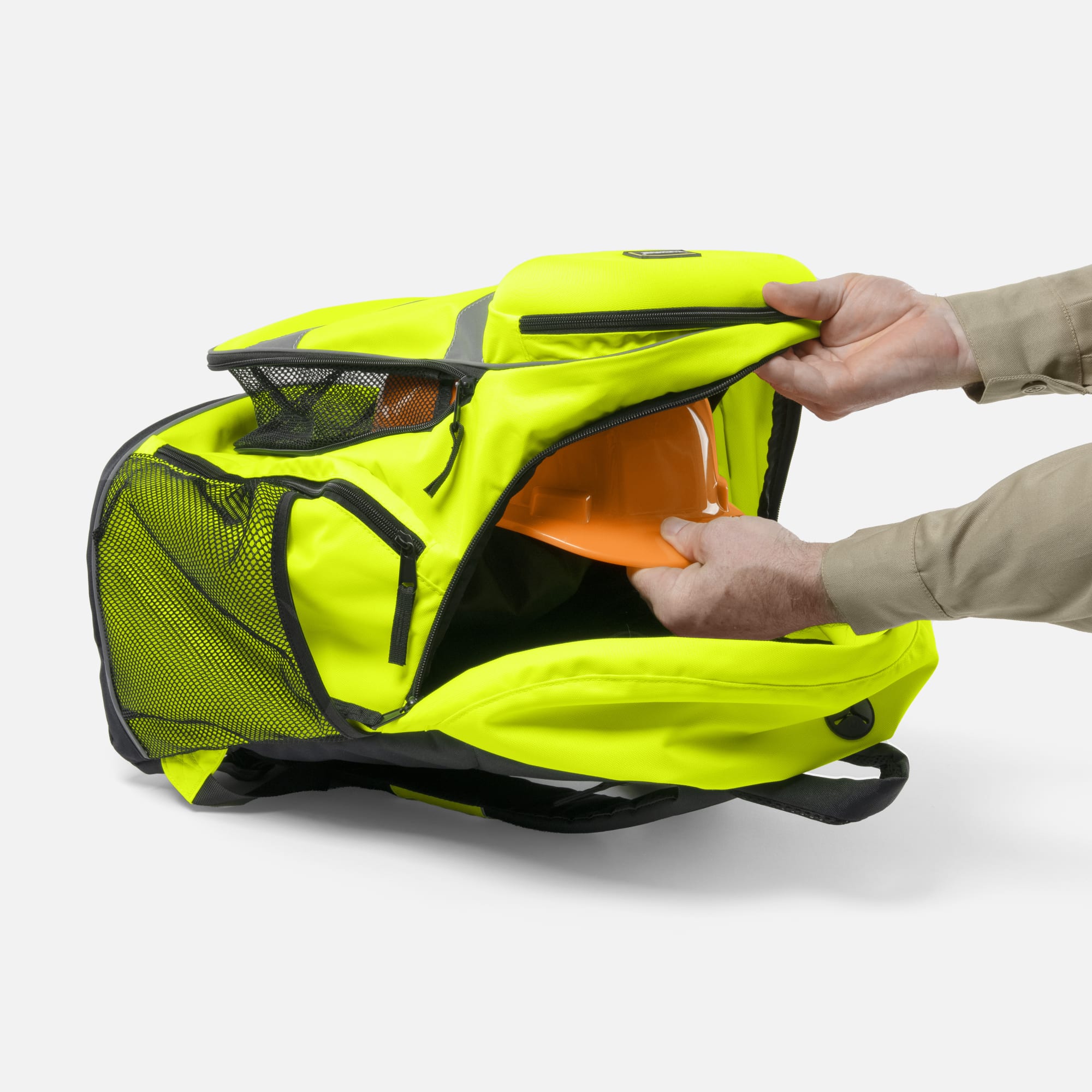 Hi Vis Lime Padded Backpack with Helmet Carrier | Ironwear
