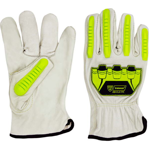 White Leather Cut Gloves with Hi-Vis Lime Impact Resistance